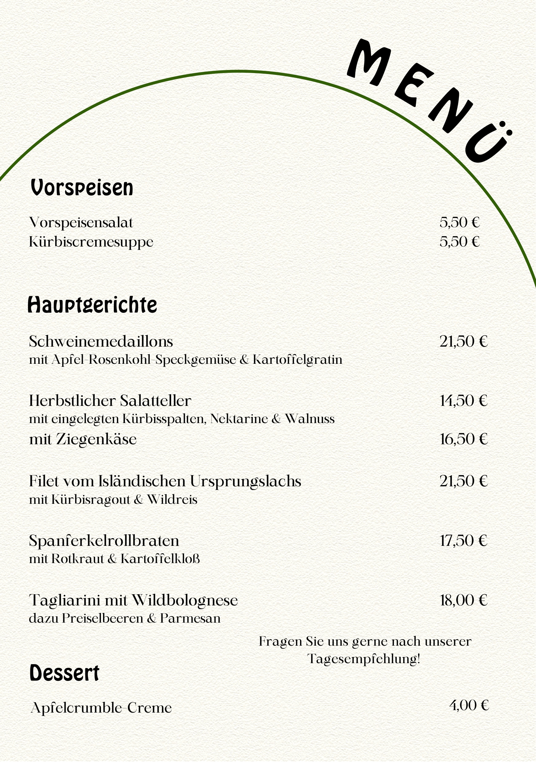 Menükarte der Bike Lodge Lohr am Main – Vorspeisen, Hauptgerichte und Dessert