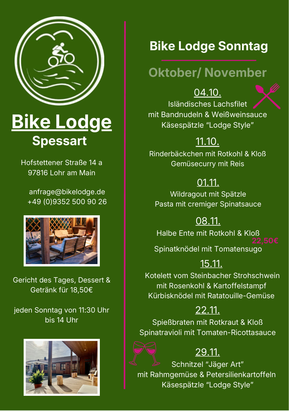 Sonntagskarte der Bike Lodge Lohr am Main, Oktober und November
